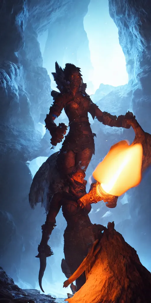 Image similar to a epic hero adventurer holding a torch in a dark cave, fantsy, concept art, artgerm, monster hunter world, 8 k realistic, radiant light, frostbite 3 engine, dof, cryengine, digital art, detailed background