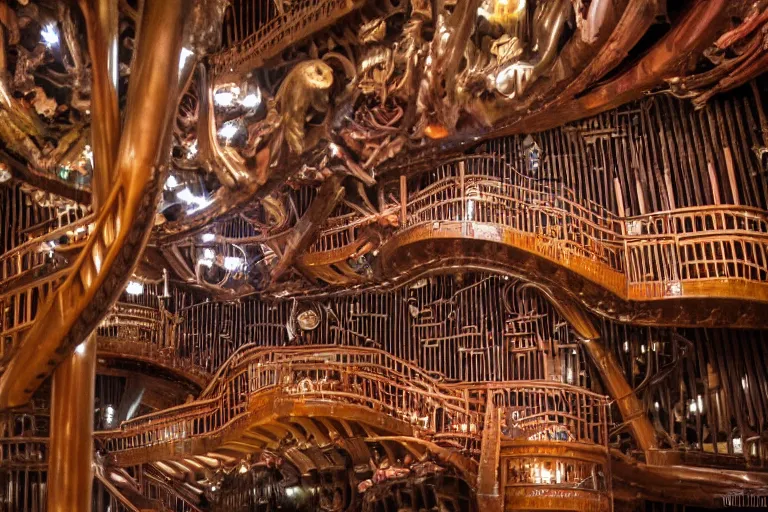 Image similar to the interior of the organ room at house on the rock in wisconsin is full of curved elevated walkways, interwoven catwalks, spiral ramps, and twisted staircases that are surrounded by cluttered arrangements of parts of pipe organs, clock gears, and engine components.