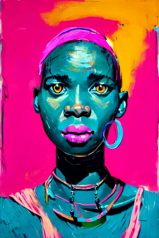 Image similar to portrait of a stylized african young lady, painted in acrylic, pigment textures, wet paint, in the colors hot pink and cyan, beautiful realistic face, rule of thirds, spotlight, by greg rutkowski, by jeremy mann, by francoise nielly, by van gogh, by ross tran, in focus