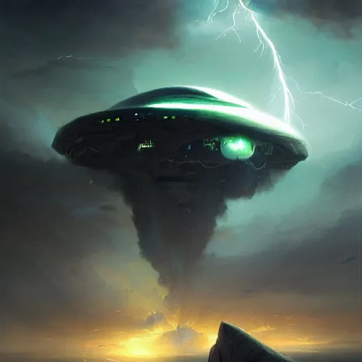 Prompt: An alien spaceship entering the atmosphere, lightning, by greg rutkowski
