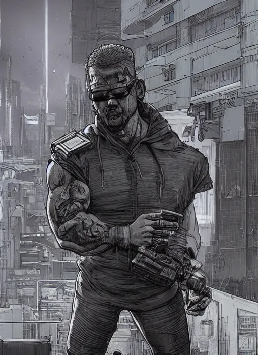 Image similar to Dumb Bubba. Buff cyberpunk meathead in a headlock. Realistic Proportions. Concept art by James Gurney and Laurie Greasley. Moody Industrial skyline. ArtstationHQ. Creative character design for cyberpunk 2077.