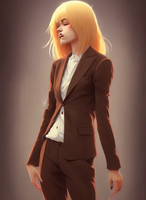 Image similar to ultradetailed beautiful painting of a stylish young lady wearing a brown foxgirl suit, dramatic, she has blond hair, distressed, volumetric light, full body portrait by greg rutkowski, ilya kuvshinov, james jean, makoto shinkai, on artstation