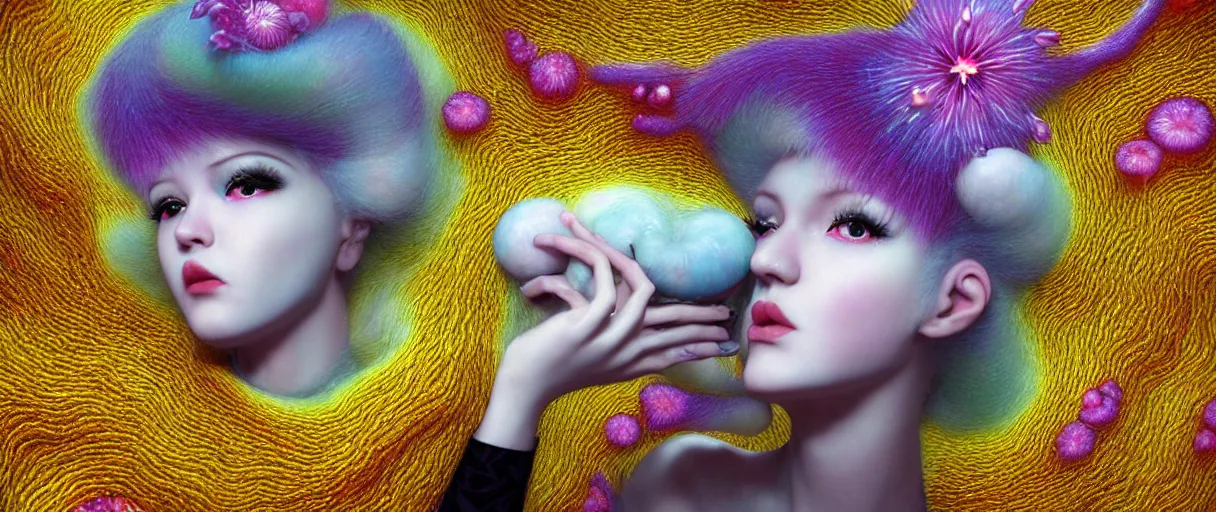 Image similar to hyper detailed 3d render like a Oil painting - kawaii portrait Aurora (white haired Singer Ferret) seen Eating of the Strangling network of yellowcake aerochrome and milky Fruit and Her delicate Hands hold of gossamer polyp blossoms bring iridescent fungal flowers whose spores black the foolish stars by Jacek Yerka, Mariusz Lewandowski, Houdini algorithmic generative render, Abstract brush strokes, Masterpiece, Edward Hopper and James Gilleard, Zdzislaw Beksinski, Mark Ryden, Wolfgang Lettl, hints of Yayoi Kasuma, octane render, 8k