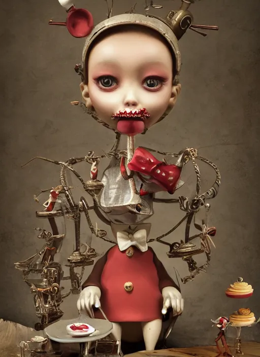 Image similar to closeup portrait of tin toy spring - heeled jack eating cakes, depth of field, zeiss lens, detailed, symmetrical, centered, fashion photoshoot, by nicoletta ceccoli, mark ryden, lostfish, earl nore, hyung tae, frank frazetta, breathtaking, 8 k resolution, extremely detailed, beautiful, establishing shot, artistic, hyperrealistic, octane render