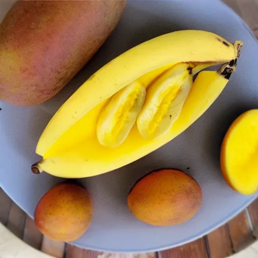 Prompt: Introducing the manana! The mix between a mango and a banana. Professional food photo