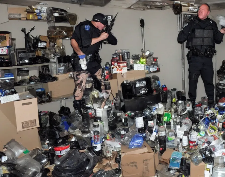 Image similar to Alex Jones in his garage office youtube studio fighting SWAT police, surrounded by boxes of herbal supplements and trash, a group of SWAT police, tear gas and smoke, detailed photograph high quality