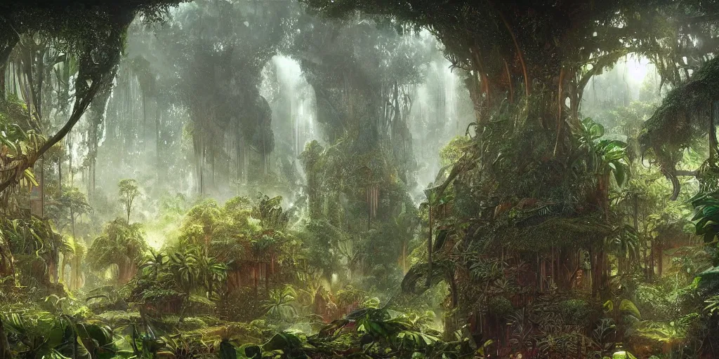 Image similar to Artwork of the Cinematic view of The Glittery Jungles by John Howe, Trending on artstation