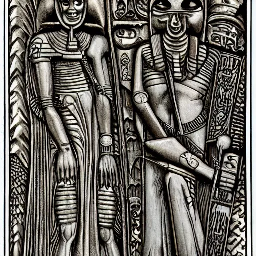 Prompt: very precise tarots in egyptian giger style