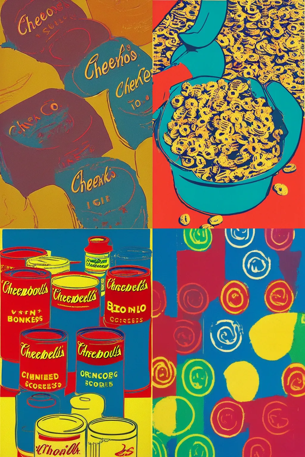 Prompt: “box of Cheerios, by Andy Warhol, wrong colors”