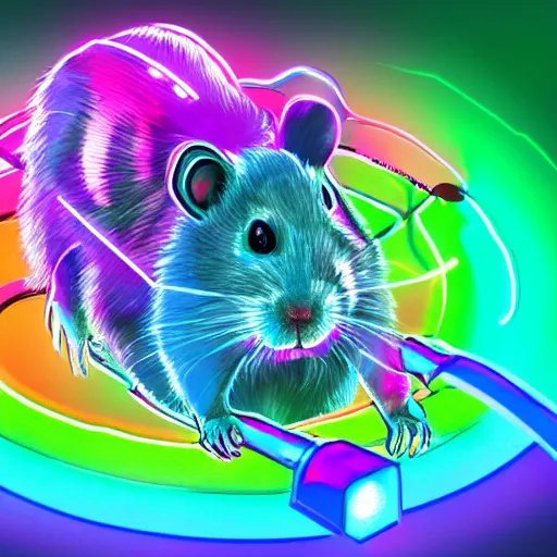 Image similar to cyberpunk hamster! holding rainbow! gem! crystal, neon lights, light reflection, 8 k, hd