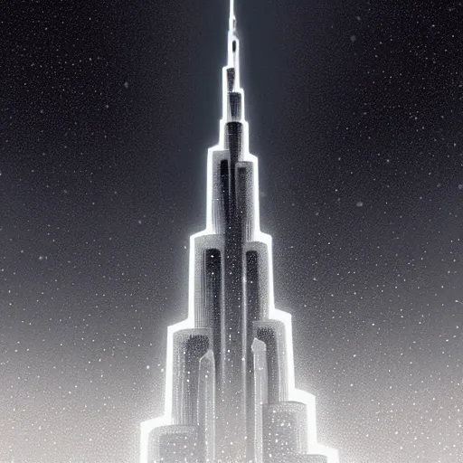 Image similar to Beautiful snow in Dubai, Burj Khalifa, intricate, elegant, highly detailed, digital painting, artstation, concept art, matte, sharp focus, illustration,