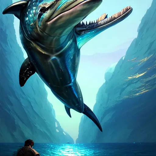 Image similar to highly detailed portrait armored dolphin in gta v, stephen bliss, unreal engine, fantasy art by greg rutkowski, loish, rhads, ferdinand knab, makoto shinkai and lois van baarle, ilya kuvshinov, rossdraws, tom bagshaw, global illumination, radiant light, detailed and intricate environment