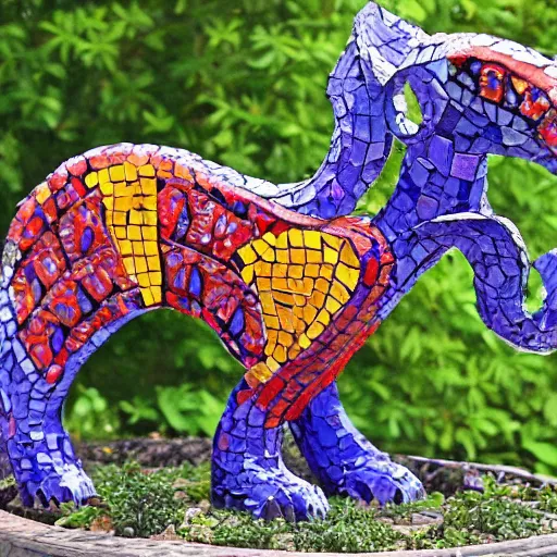 Prompt: mosaic sculpture of a alebrije chimera!!!, irregularly shaped mosaic tiles, recycled glass, in the style of folk art, in a cottagecore flower garden