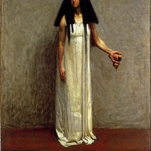 Prompt: portrait of goddess isis in modern clothing, by thomas eakins realism,