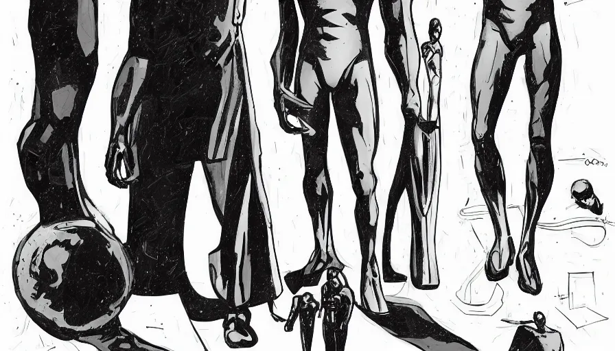 Image similar to male, elongated figure, space suit, sketch, large shoulders, short torso, long thin legs, tiny feet, character sheet, very stylized, digital art, dynamic illustration, pen and ink, by mike mignola, by alex maleev