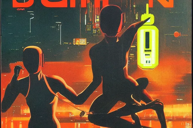 Image similar to a 1982 cover of OMNI magazine depicting an anatomically correct hand holding an electronic box. Neo-Tokyo. Cyberpunk style art by Vincent Di Fate.