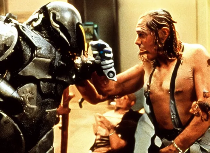 Prompt: scene from the 1 9 9 0 science fiction film poirot vs predator