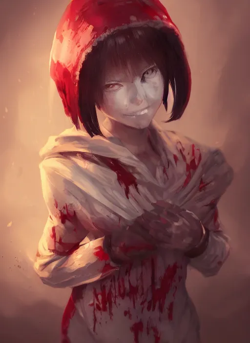 Image similar to a highly detailed illustration of short hair cute japanese girl wearing blood stained hoodie and bandages on legs, dramatic sadistic smile pose, intricate, elegant, highly detailed, centered, digital painting, artstation, concept art, smooth, sharp focus, league of legends concept art, WLOP