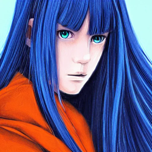 Image similar to full face shot of rimuru tempest, sky blue straight hair, long bangs, with amber eyes, wearing a fancy black jacket, high collar, ultra detailed, brush strokes, digital painting, cinematic, wlop artstation, closeup, pixiv, intense, intimidating glare, photorealistic, overpowering, andy warhol,