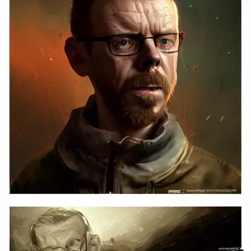 Image similar to simon pegg portrait, horror core, apocalyptic, winchester rifle, sharp focus, fiction, hyper detailed, digital art, trending in artstation, cinematic lighting, studio quality, smooth render, unreal engine 5 rendered, octane rendered, art style and nixeu and wlop and krenz cushart