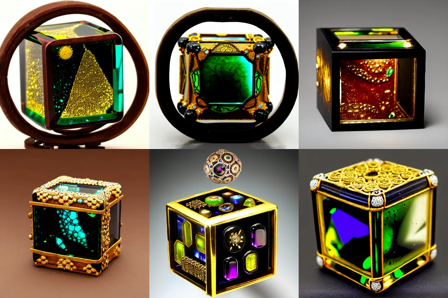 Prompt: horadric cube, faberge, kundan technique, steampunk, astrophobia, onyx, arcane, resin, glass, gemstone, glowing light