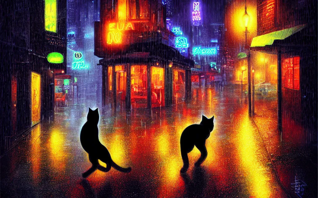 Image similar to black cat running through heavy rain in an emprty neon lit street at night by wlop, ultra detailed color art, high detail, digital art