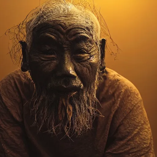 Image similar to full body shot of floating old asian man with long beard, his head covered in roots, full face occult silver mask, glowing eyes, wearing a large carved wooden fractal stick, smoke around him, in the burning soil desert, cinematic shot, wide angle, desert background, dry volumetric lighting by Denis Villeneuve, Lubezki, Gaspar Noe Christopher Doyle and Alejandro Jodorowsky, anamorphic lens, anamorphic lens flares, kodakchrome, cinematic composition, practical effects, award winning photo, 8k