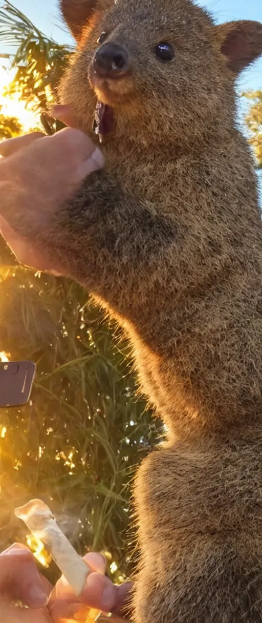 Image similar to happy quokka taking a selfie and smoking a joint, golden hour, ultra realistic