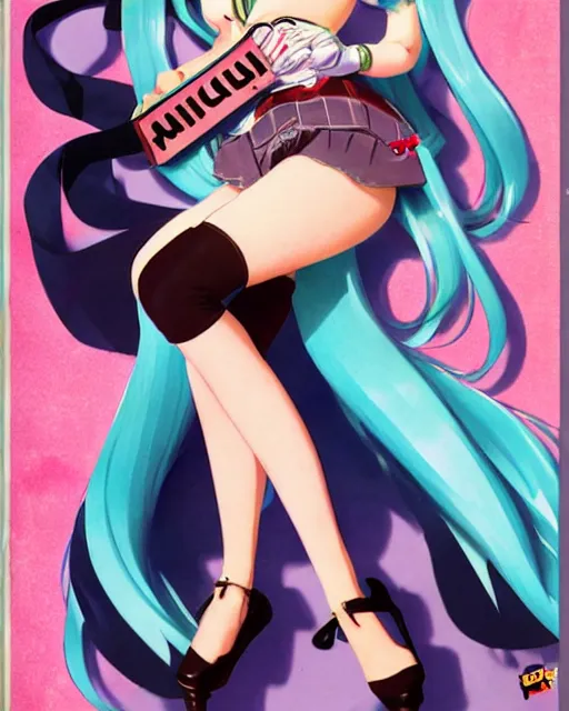 Prompt: Hatsune Miku full body pin up modeling in idol unioform, with a park in the back ground, post war style, detailed face, american postcard art style, by Gil Elvgren