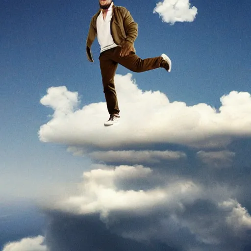 Image similar to Shia Lebeouf standing on a cloud.