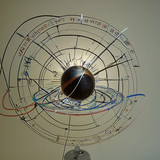 Image similar to a kinetic sculpture of this solar system, sun, orrery, canon 5 d 5 0 mm lens, papier - mache, studio, 1 9 8 7