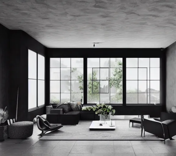 Image similar to brutalist black mansion luxury living room open space tall windows interior design minimalist organic, organic architecture furniture open space high quality octane render blender 8 k