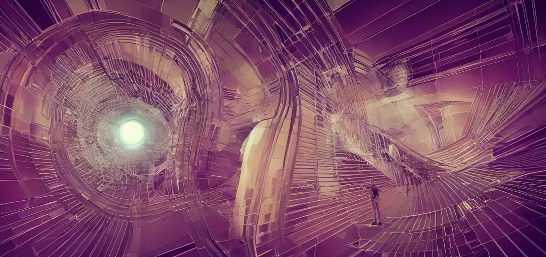 Prompt: prude descending a staircase' by marcel duchampsurrealism, 3d geometric abstract art, designers republic, prisms refracting light, rendered in octane highly detailed, intricate, sci-fi landscape, abstract 3d sculpture made of generative art, sharp focus, high detail, UHD, 4k, by anton zhestkov, minimalism, rendered in octane