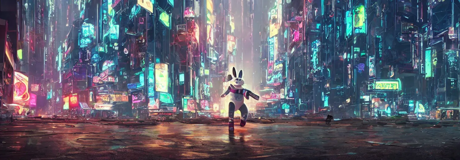 Image similar to photo of big chungus roaming in a cyberpunk futuristic city