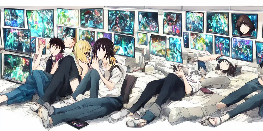Image similar to anime art of a couple watching a film on a large screen and looking at dozens of screens simultanously, lazy and cozy, consumerism