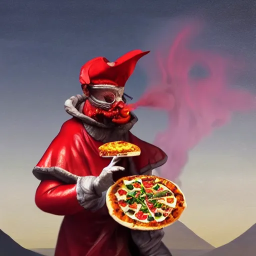 Prompt: a highly detailed pulcinella! with a pizza! margherita, full body, volcano in background, lava and smoke, ominous, detailed painting by arturo faldi, trending on deviantart, octane, masterpiece