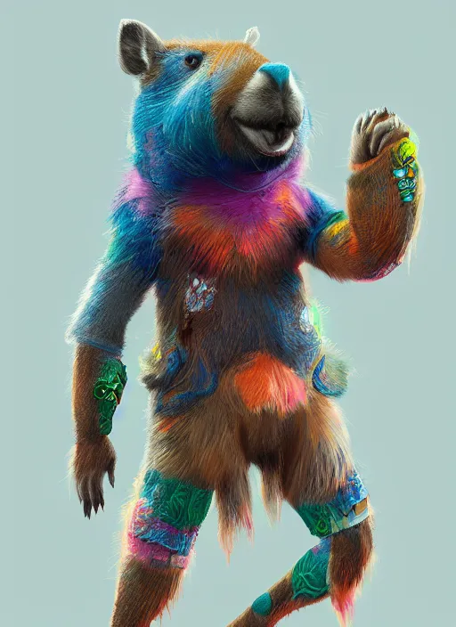 Prompt: detailed full body concept art illustration colorful pastel painting of an anthropomorphic capybara superhero in full intricate clothing, biomutant, ultra detailed, digital art, octane render, 4K