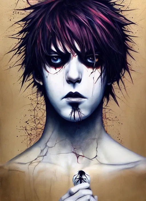 Image similar to beautiful portrait of L Death note, by Tristan Eaton, Stanley Artgermm, Tom Bagshaw, Greg Rutkowski, Carne Griffiths. trending on DeviantArt, face enhance, hyper detailed, trending on Artstation, 8k, masterpiece, graffiti paint, fine detail, full of color, intricate detail, golden ratio illustration