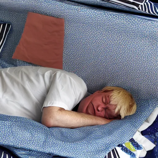 Image similar to boris johnson tucked in bed sleeping wistfully