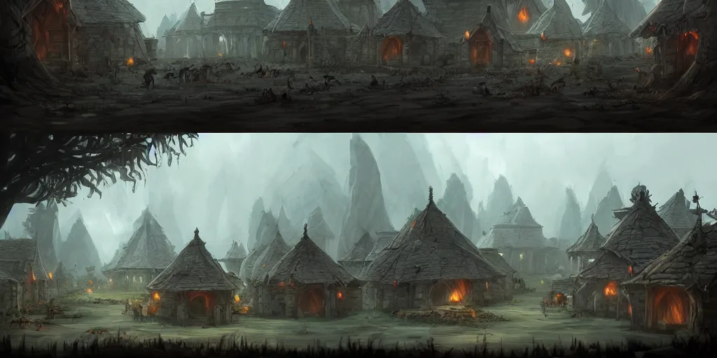 Prompt: Gnoll city with large tents as buildings, barbarian architecture, in the middle of a forest. In style of Hyung-tae Kim, Greg Rutkowski and Larry Elmore, concept art, trending on ArtStation, Korean MMORPG, over-detailed art, 8K, epic, dynamic lightning, scenery, .