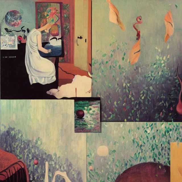 Image similar to female emo art student in her apartment, painting of flood waters inside an artist's feminine bedroom, a river flooding indoors, pomegranates, pigs, ikebana, water, octopus, river, rapids, waterfall, black swans, canoe, berries, acrylic on canvas, surrealist, by magritte and monet