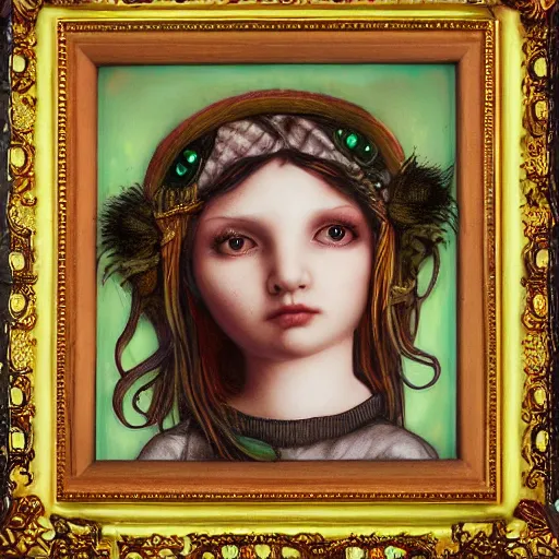 Image similar to the blacksmiths daughter, in the forge, lowbrow in the style of Mark Ryden,