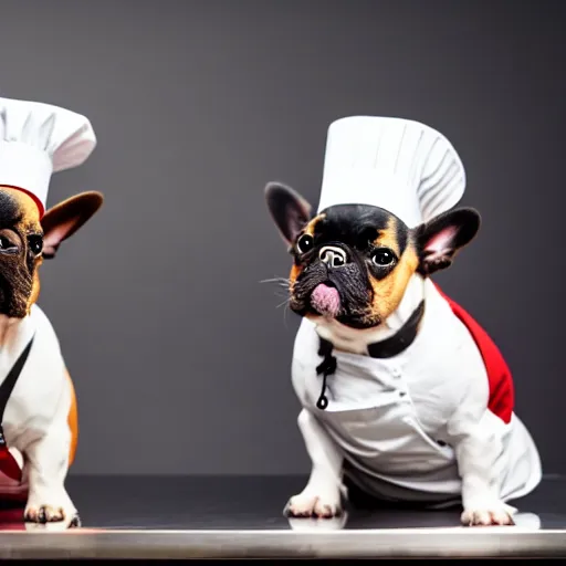 Image similar to a 8k highly detailed still photo by David Bailey of Two multi-colored French Bulldogs in chef hats and aprons starring on a cooking show, a high end restaurant kitchen in the background, bokeh