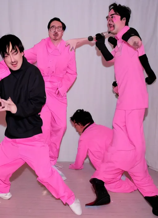 Image similar to joji singing in an scenario while filthy frank dances next to him in a pink outfit