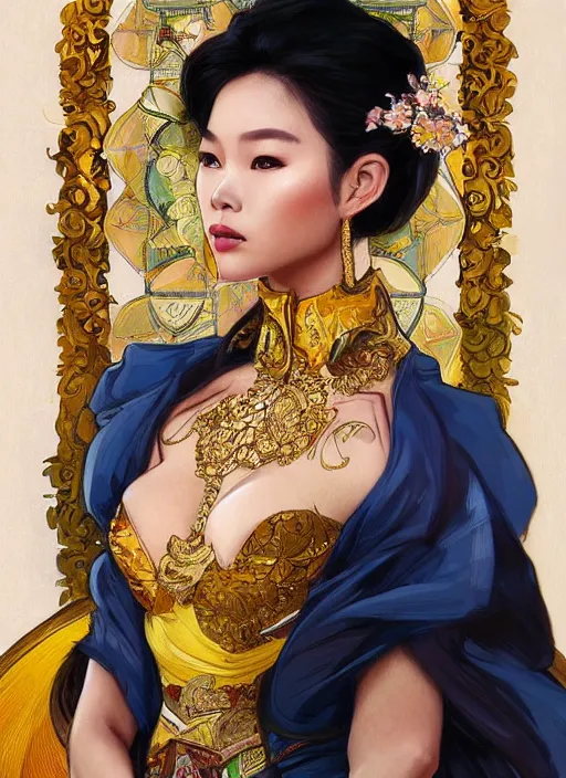 Image similar to portrait of an vietnam supermodels wearing traditional costume, highly detailed, digital painting, artstation, concept art, sharp focus, illustration, art by kittichai rueangchaichan and james gurney and alphonse mucha