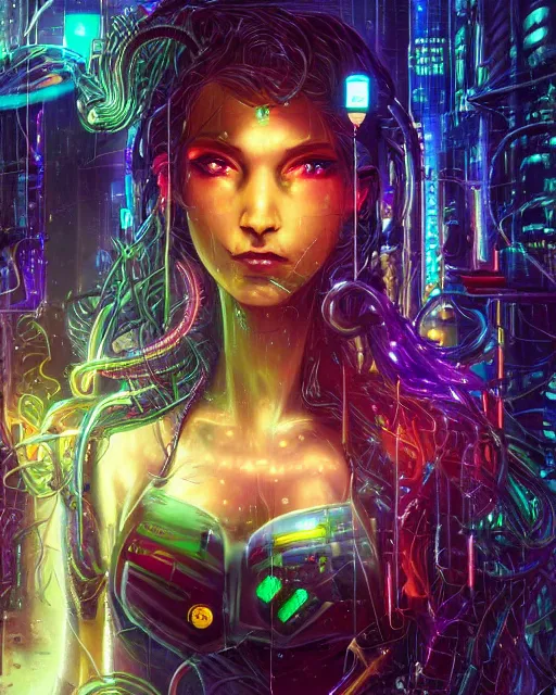 Image similar to a cyberpunk close up portrait of enchanting cyborg medusa, electricity, rainbow, snakes in hair, sparks, bokeh, soft focus, sparkling, glisten, water drops, cold, dark, geometric, temples behind her, by paul lehr, jesper ejsing