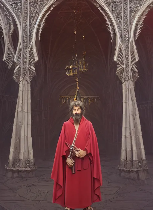 Prompt: A Full View of a Red Wizard wearing a robe and ornate armor in front of a gothic tower. masterpiece 4k digital illustration by Ruan Jia and Mandy Jurgens and Artgerm and greg rutkowski and Alexander Tsaruk and WLOP and william-adolphe bouguereau, award winning, Artstation, art nouveau aesthetic, Alphonse Mucha background, intricate details, realistic, panoramic view, Hyperdetailed, 8k resolution, intricate art nouveau