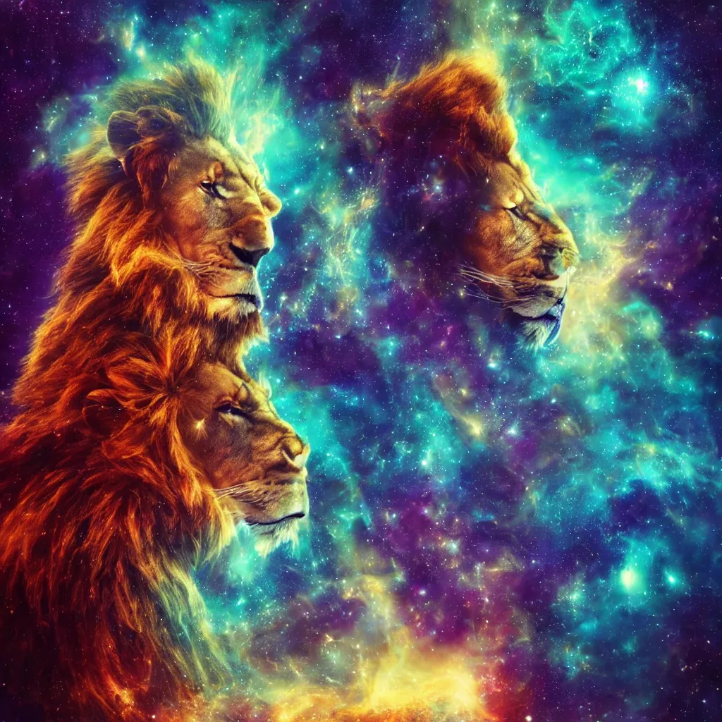 Image similar to lion 🦁 in a galaxy made of stars, space, nebulas stars Dmt Psychedelic cosmos, cosmic, Hallucination, night sky; 8k, artstation, unreal engine, octane render, hdr, surrealistic, hyperrealism, glow, photorealistic, volumetric lighting, Dreamy, dynamic, mystical