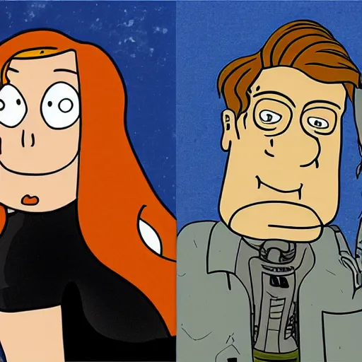 Image similar to a realistic portrait of fry and lila from futurama in the style of h. r. giger