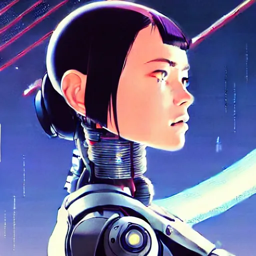 Image similar to side portrait scifi cyborg girl with robotic parts and spacesuit | | head only in center of image, audrey plaza, fine detail!! anime!! realistic shaded lighting!! poster by ilya kuvshinov katsuhiro otomo ghost - in - the - shell, magali villeneuve, artgerm, jeremy lipkin and michael garmash and rob rey